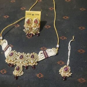 Gold and Purple Jhumkas Necklace Set with Earrings